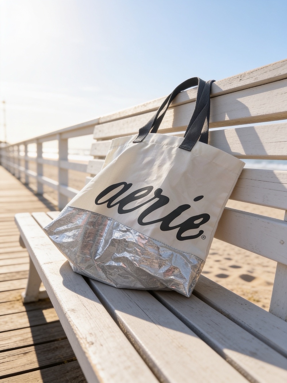 aerie Canvas Tote with Silver Metallic Accent and Black Handles